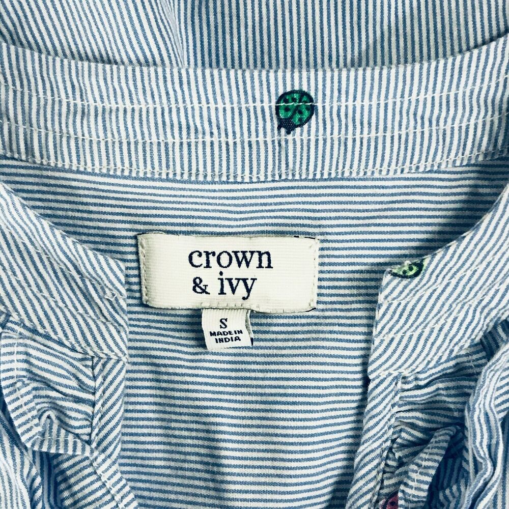Crown & Ivy Women's Small Blouse Blue Striped Laybug Ruffle Button Front AW15 - Picture 2 of 5